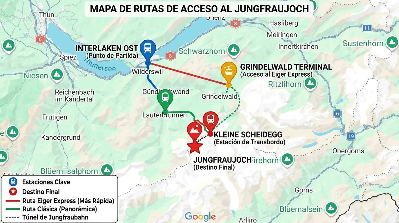 Mapa de rutas hasta el Jungfraujoch
